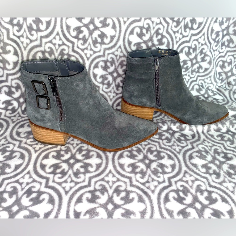 Grey suede ankle booties with zipper